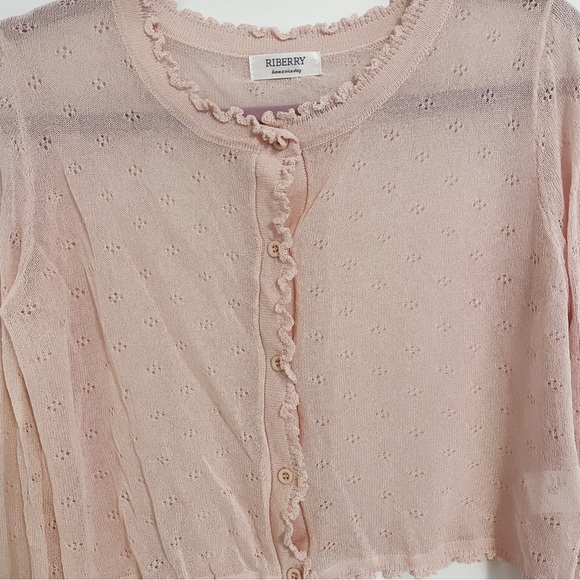 Japanese Kawaii Cottage Pastel Pink Thin Floral Ruffle Knitted Cardigan - Picture 5 of 6